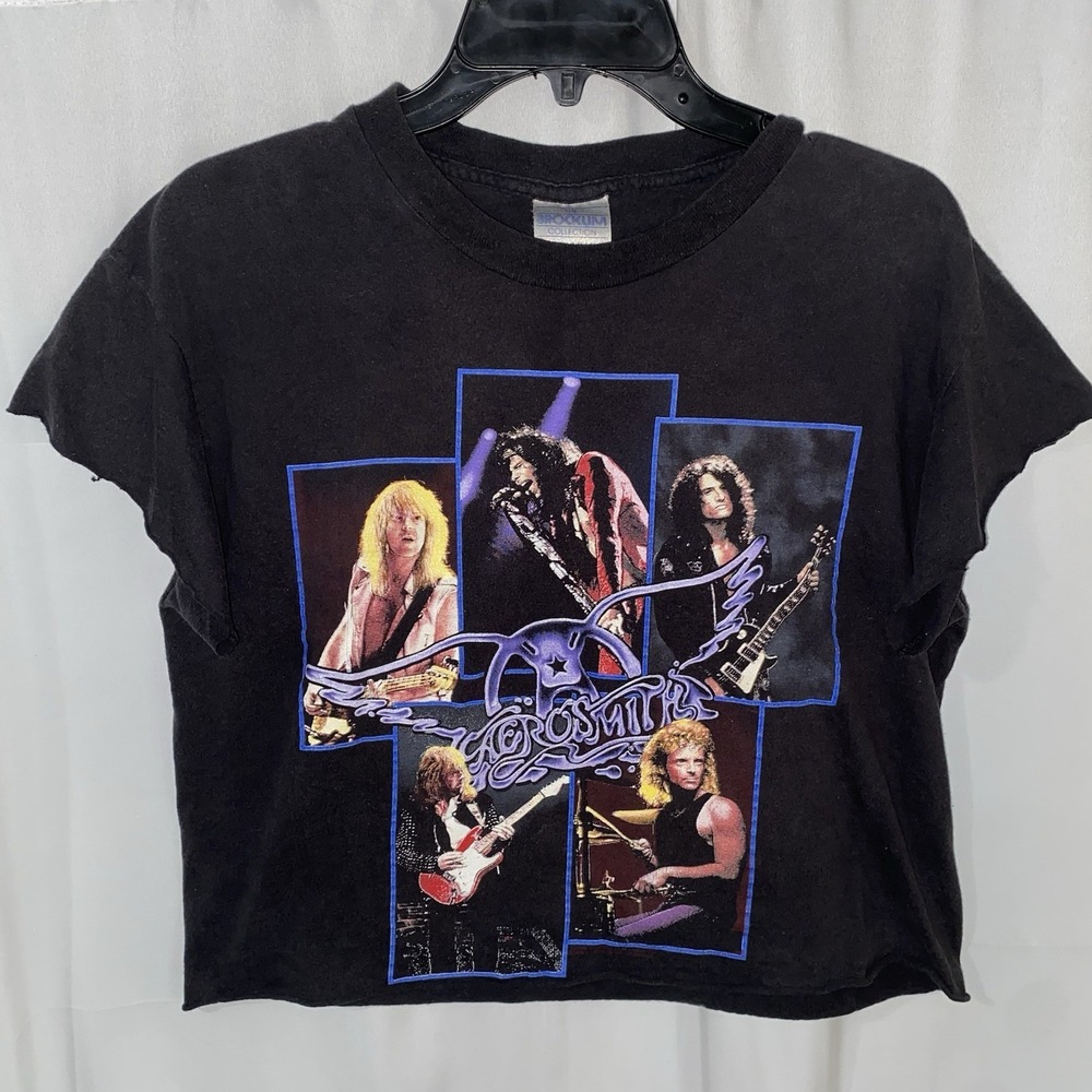 Vintage Brockum Aerosmith Pump Tour 1990 T Shirt Band Black Chopped Cropped